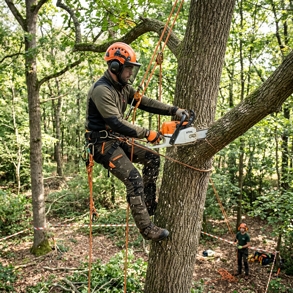 Arborist climbing and cutting a tree branch with a chainsaw secured by safety ropes