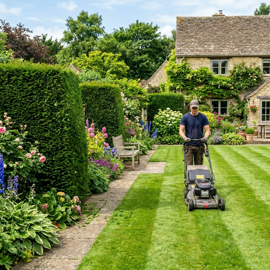Gardeners trimming hedges and mowing lawn outside stone house