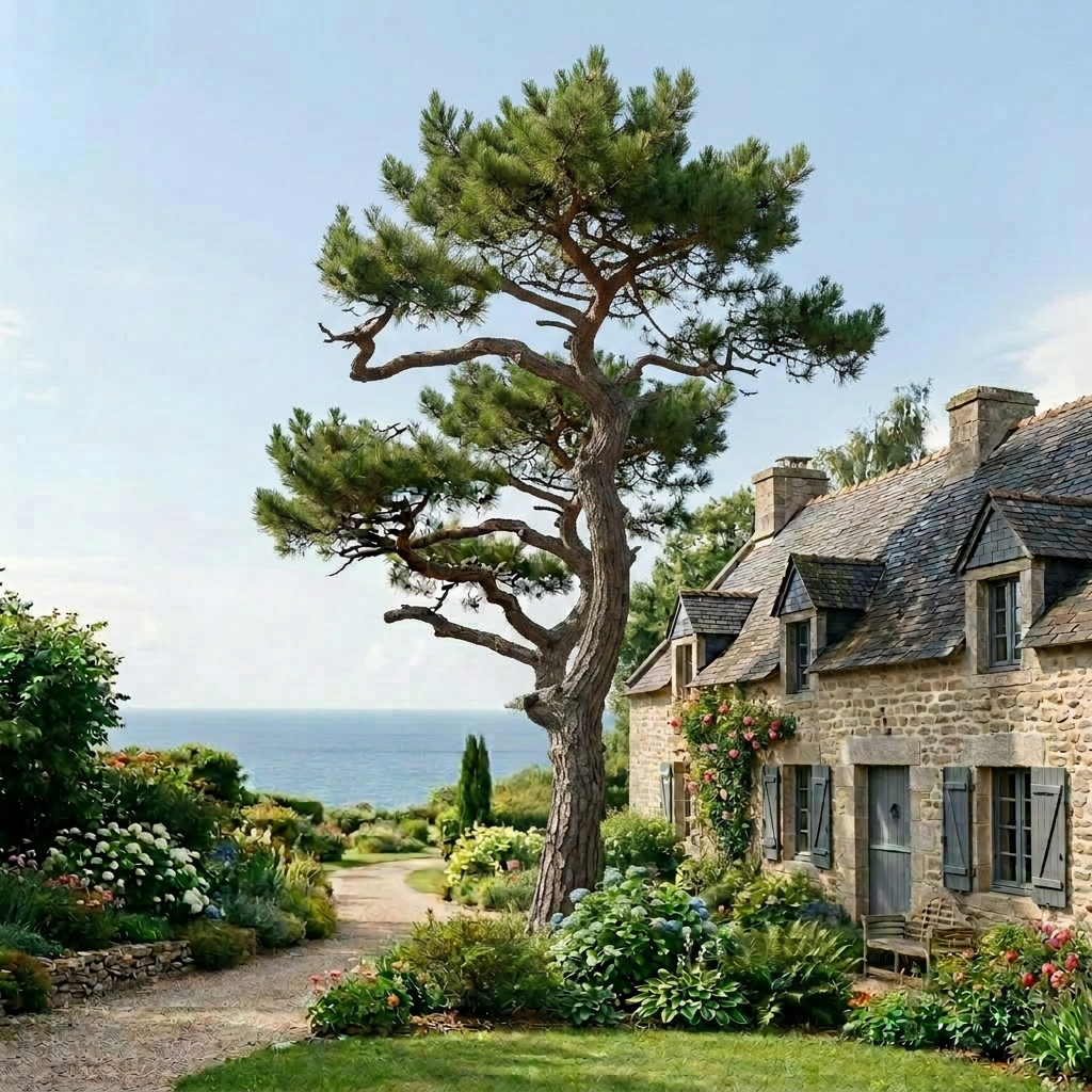 Sculpted pine tree in a landscaped garden near a stone cottage