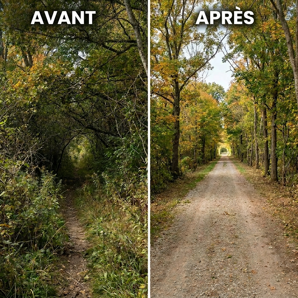 Trail restoration showing before and after Side-by-side view of a narrow, dense overgrown trail and a wide, cleared dirt path lined with trees