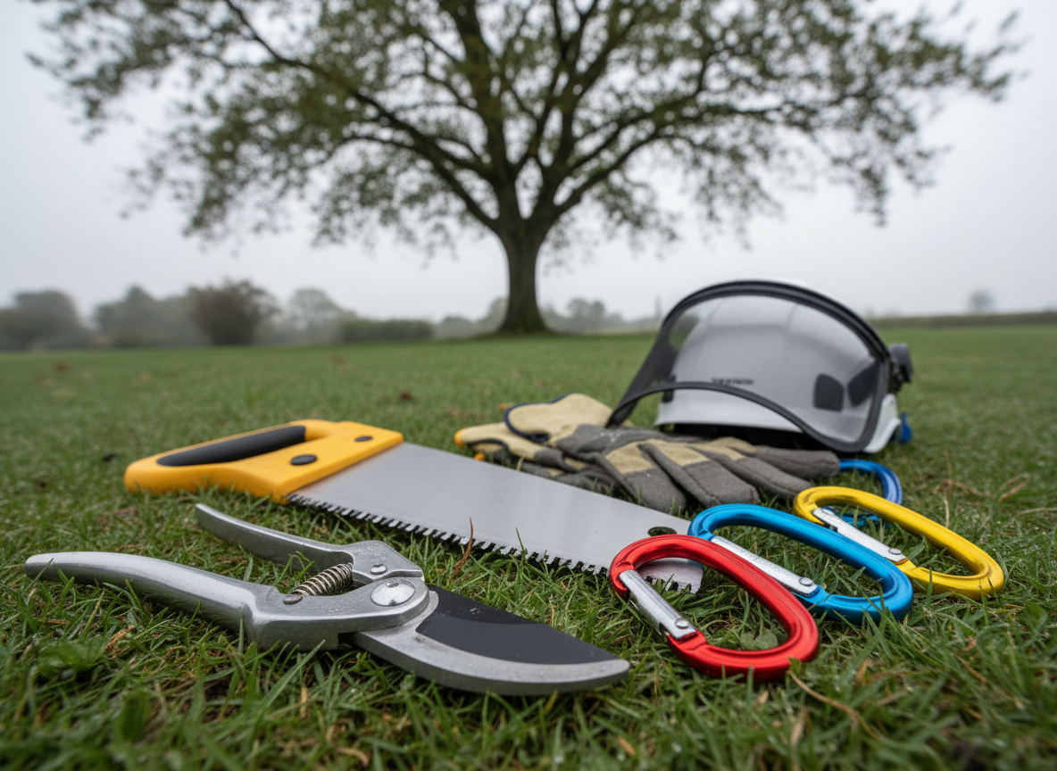 A close-up, photographic realism shot of a clean, professional arborist toolkit laid out on short, dewy grass: sharp pruning shears, a sleek handsaw with fresh teeth, bright-colored carabiners, safety helmet with visor, and protective gloves, all in excellent condition. In the softly blurred background, a tall tree awaits maintenance, its branches stretching toward a pale Breton sky. Gentle morning light creates tiny highlights on metal edges and subtle shadows around each tool. Captured from a slightly elevated angle with shallow depth of field, the mood is meticulous and trustworthy, emphasizing safety, expertise, and careful preparation for tree work.