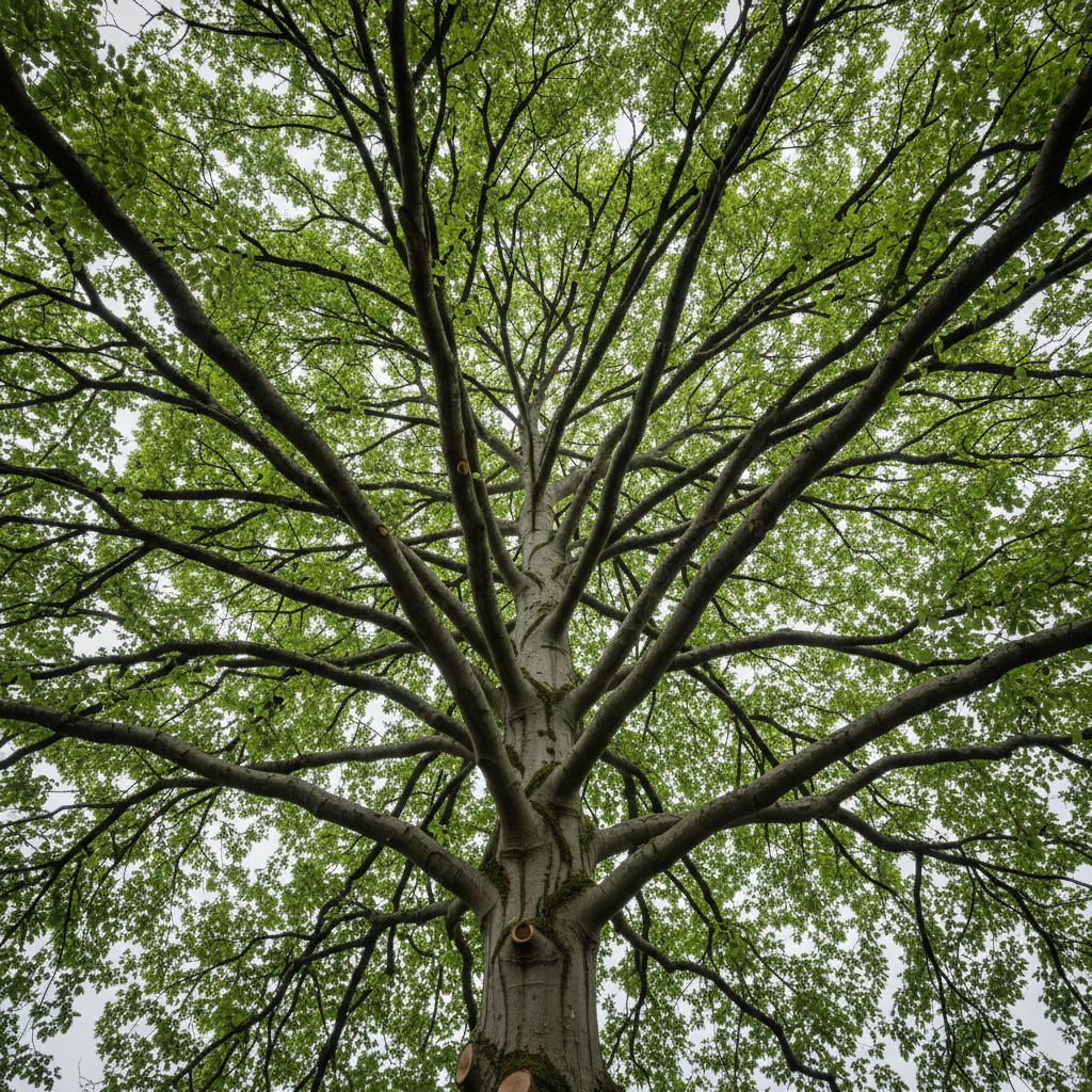 A dramatic, low-angle photographic realism view straight up into the canopy of a large beech tree, showing a network of strong, evenly spaced branches after professional pruning. Clean cuts are visible where problematic limbs were removed, integrating naturally into the tree’s structure. The dense yet airy foliage filters cool, diffused light from an overcast Breton sky, creating a mosaic of greens and soft shadows. The composition emphasizes radial symmetry and depth, with the trunk centered and branches reaching outward, conveying a sense of safety, stability, and long-term tree health achieved through thoughtful, expert intervention.