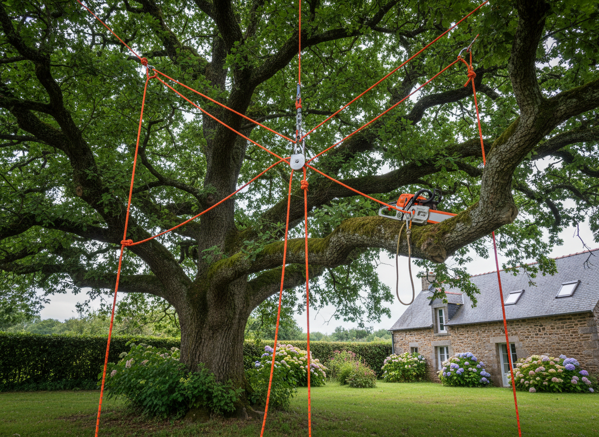 A sturdy professional tree-climbing setup suspended high in a mature oak tree in the Breton countryside, featuring bright orange climbing ropes, a polished steel pulley, and a clean, well-maintained chainsaw resting securely against a large branch. The background reveals a neatly kept garden and traditional stone house with slate roof in soft focus. Overcast daylight creates diffused, even lighting, emphasizing safety and control rather than drama. Shot from slightly below at an upward angle to highlight the height and complexity of the canopy, with crisp photographic realism and natural colors, conveying professionalism, precision, and respect for the tree.
