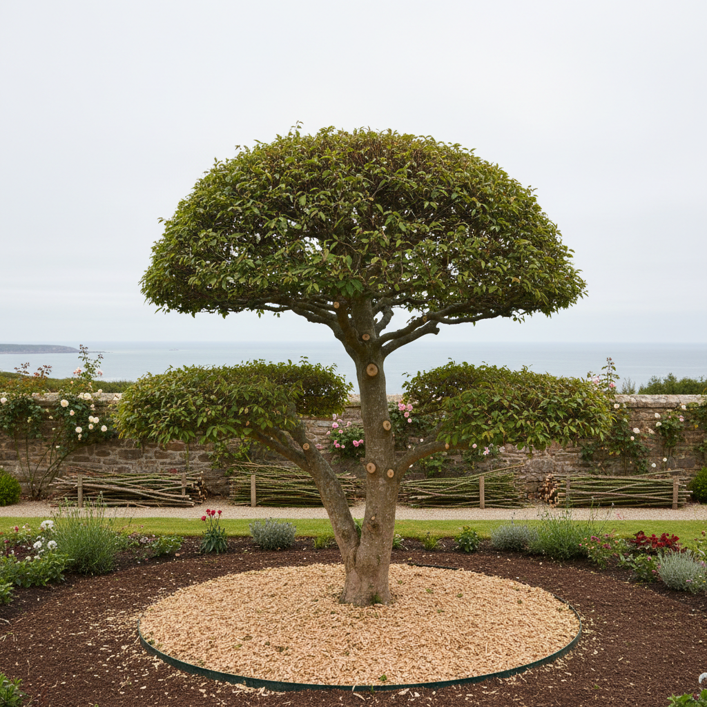 A carefully pruned ornamental tree standing in a tidy Breton garden near Plouguiel, its crown evenly balanced and branches cut cleanly with smooth, precise wounds. Fresh wood chips form a neat circle around the trunk, and a stack of cut branches lies sorted by size in the background. Light grey coastal sky casts soft, diffused natural light, enhancing the greens of the foliage and the textures of bark and leaves. Photographed at eye level with moderate depth of field, the image feels calm, organized, and reassuring, illustrating high-quality tree maintenance and respect for nature.