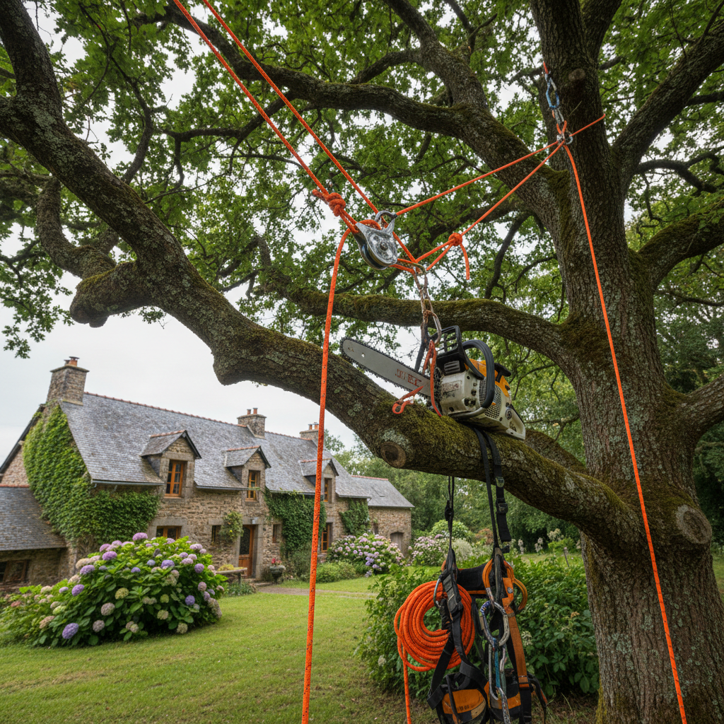 A sturdy professional tree-climbing setup suspended high in a mature oak tree in the Breton countryside, featuring bright orange climbing ropes, a polished steel pulley, and a clean, well-maintained chainsaw resting securely against a large branch. The background reveals a neatly kept garden and traditional stone house with slate roof in soft focus. Overcast daylight creates diffused, even lighting, emphasizing safety and control rather than drama. Shot from slightly below at an upward angle to highlight the height and complexity of the canopy, with crisp photographic realism and natural colors, conveying professionalism, precision, and respect for the tree.