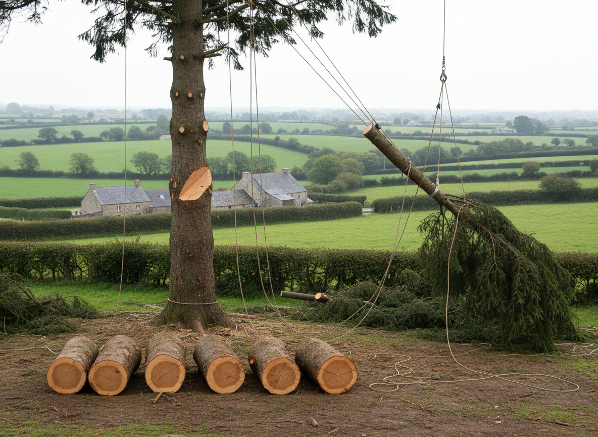 A dynamic scene of a large conifer being safely dismantled in a rural Brittany landscape, shown without people: thick sections of trunk neatly cut and stacked in the foreground, a sturdy rope system anchoring a heavy branch mid-air, and a precise, fresh cut visible on the remaining stem. Beyond, rolling fields, hedgerows, and distant stone farm buildings fade into a soft, slightly misty horizon. The light is bright but diffused, typical of an overcast coastal day, giving clear detail with gentle contrasts. Shot from mid-distance with wide-angle composition, the mood is controlled, professional, and respectful of the environment.