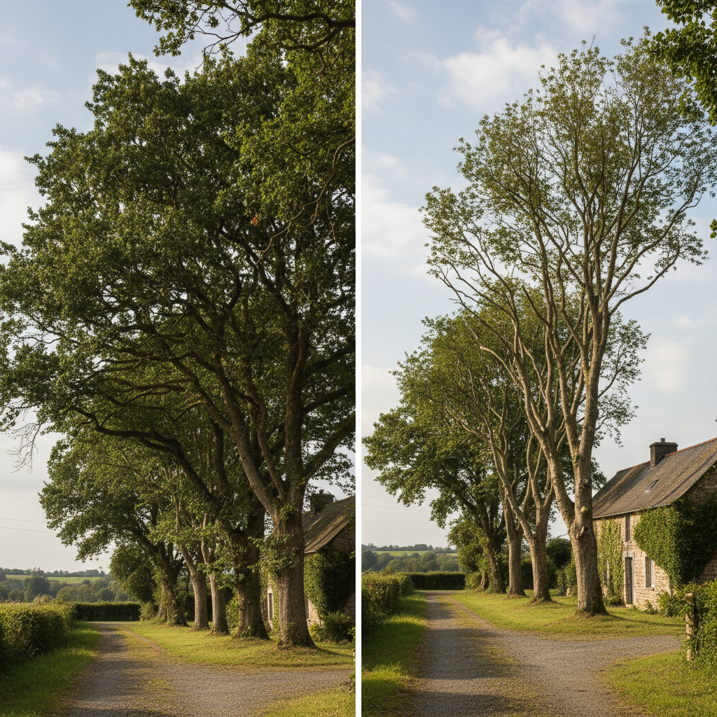 A before-and-after style photographic composition of a countryside property’s treeline, split subtly down the middle. On the left, trees are overgrown, with crossing branches and dense, heavy crowns. On the right, the same trees appear professionally pruned: lighter, more balanced, with carefully reduced height and clean silhouettes that reveal more sky and light. The setting includes a traditional stone farmhouse and gravel driveway in rural Brittany. Soft afternoon daylight provides neutral, even illumination. The mood is reassuring and educational, highlighting the positive impact of expert tree work on safety, aesthetics, and the well-being of both property and nature.