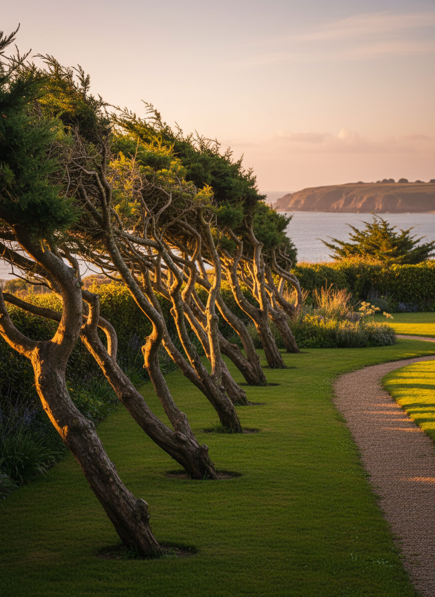 A peaceful coastal garden near Plouguiel at golden hour, featuring a row of well-maintained wind-shaped trees forming a natural screen. Their branches are expertly thinned, allowing light to pass through while preserving their characteristic silhouettes against a distant glimpse of the sea. Warm, low sunlight brushes the foliage edges, creating a gentle rim light and long, soft shadows across a tidy lawn and gravel path. Photographed at eye level using the rule of thirds, with crisp detail in the trees and a slightly blurred horizon, the image radiates harmony between careful tree work and the wild Breton coastline.